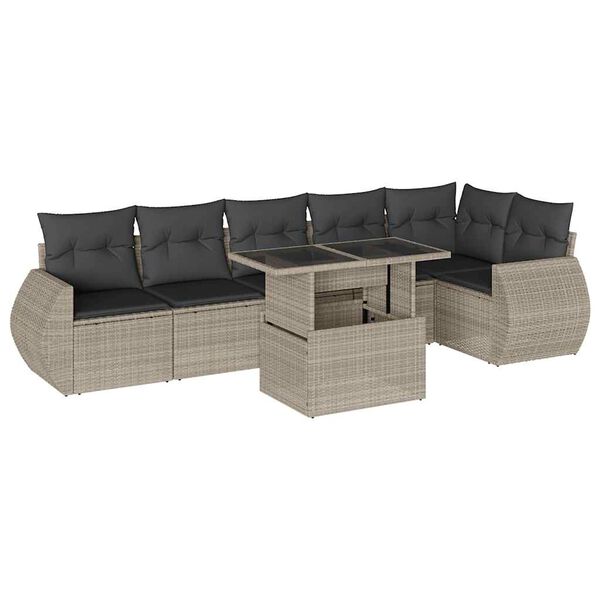 vidaXL 7-tlg. Garten-Sofagarnitur mit Kissen Hellgrau Poly Rattan