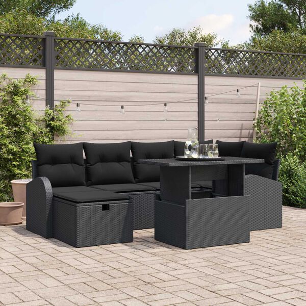vidaXL Garten-Sofa-Set mit Kissen 7 pcs Schwarz Poly Rattan