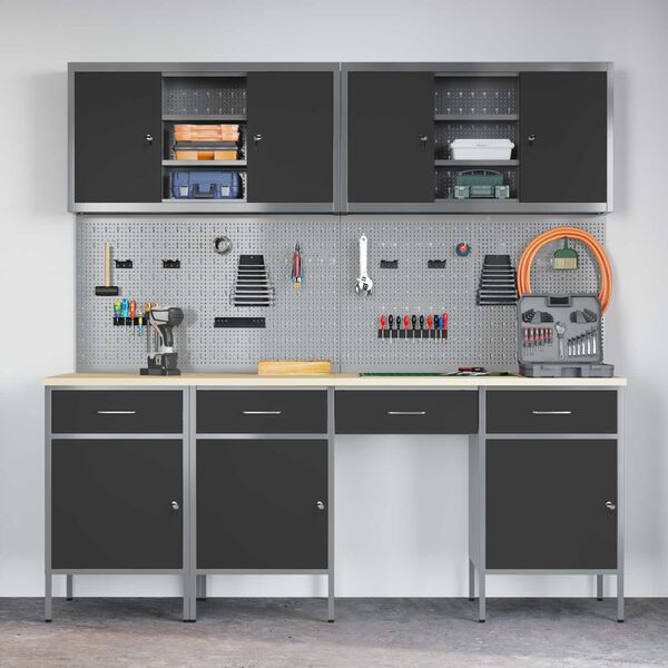 vidaXL Werkbank mit Schubladen 10 pcs Schwarz 200 x 55 x 200 cm Stahl