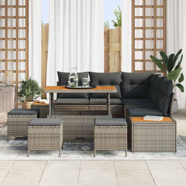 vidaXL Gartensofa-set mit Kissen mit Speicher 9 pcs Grau Poly Rattan