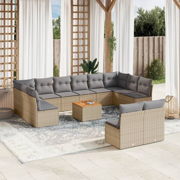 vidaXL 13-tlg. Garten-Sofagarnitur mit Kissen Beige Poly Rattan