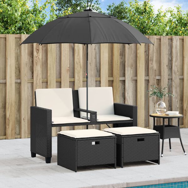 vidaXL Gartensofa 2-Sitzer Sonnenschirm und Hocker Schwarz Poly-Rattan