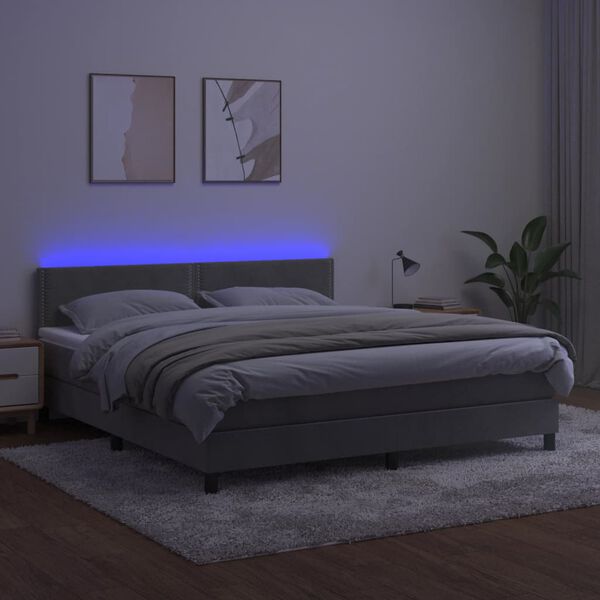 vidaXL Boxspringbett mit Matratze & LED Hellgrau 180x200 cm Samt