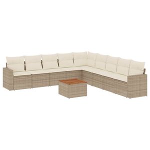 vidaXL 10-tlg. Garten-Sofagarnitur mit Kissen Beige Poly Rattan