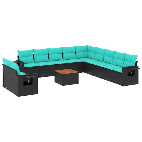 vidaXL 12-teiliges Gartensofa-Set mit Kissen, schwarzes Polyrattan