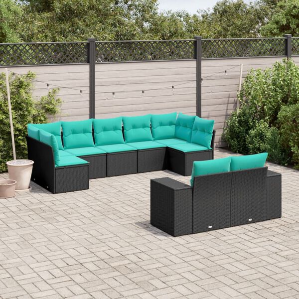 vidaXL 9-teiliges Gartensofa-Set mit Kissen, schwarzes Polyrattan