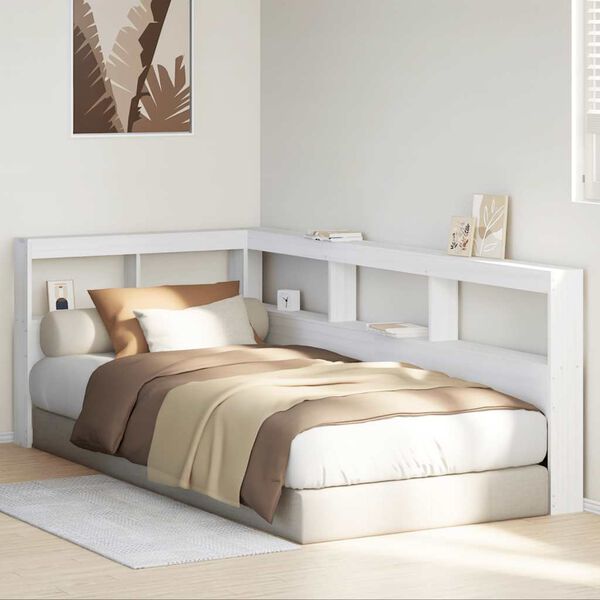 vidaXL Kopfteil mit B&uuml;cherregal L-Form Wei&szlig; 90 cm Massivholz Kiefer