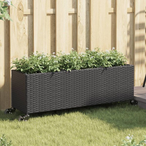vidaXL Hochbeet mit Rollen & 3 F&auml;chern Schwarz 107x32x38cm Poly Rattan