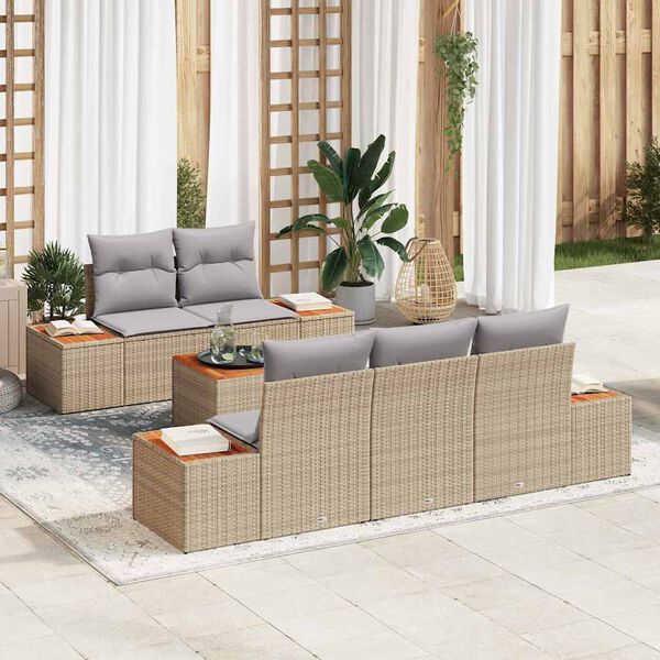 vidaXL Garten-Sofa-Set mit Kissen mit Speicher 6 pcs Beige Poly Rattan