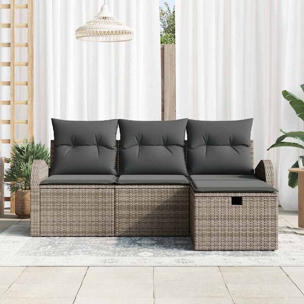 vidaXL Garten-Sofa-Set mit Kissen mit Speicher 4 pcs Grau Poly Rattan
