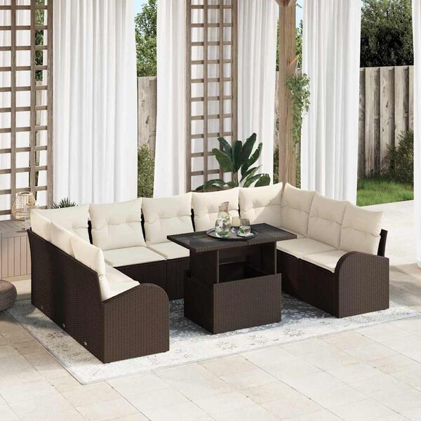 vidaXL Sofa Set mit Kissen 10 pcs Braun und Creme Poly-Rattan