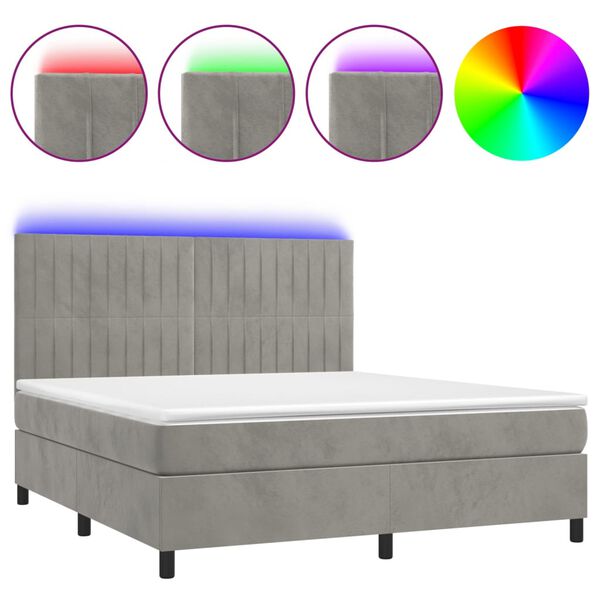 vidaXL Boxspringbett mit Matratze & LED Hellgrau 180x200 cm Samt