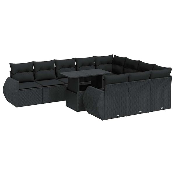 vidaXL 11-tlg. Garten-Sofagarnitur mit Kissen Schwarz Poly Rattan