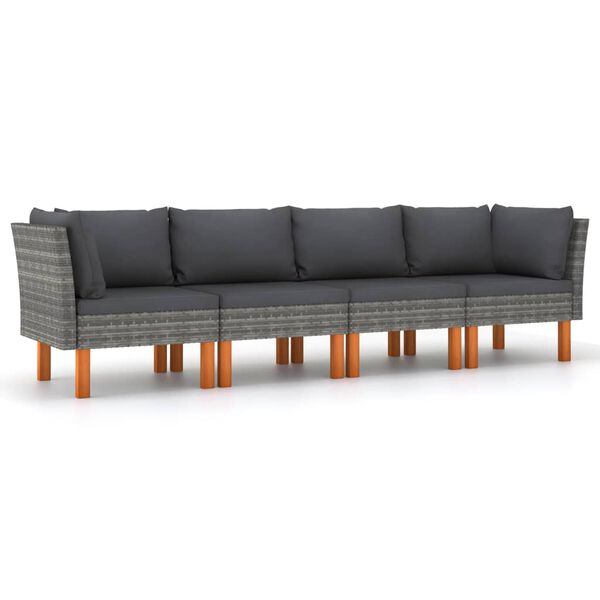 vidaXL 4-Sitzer-Gartensofa mit Kissen Grau Poly Rattan