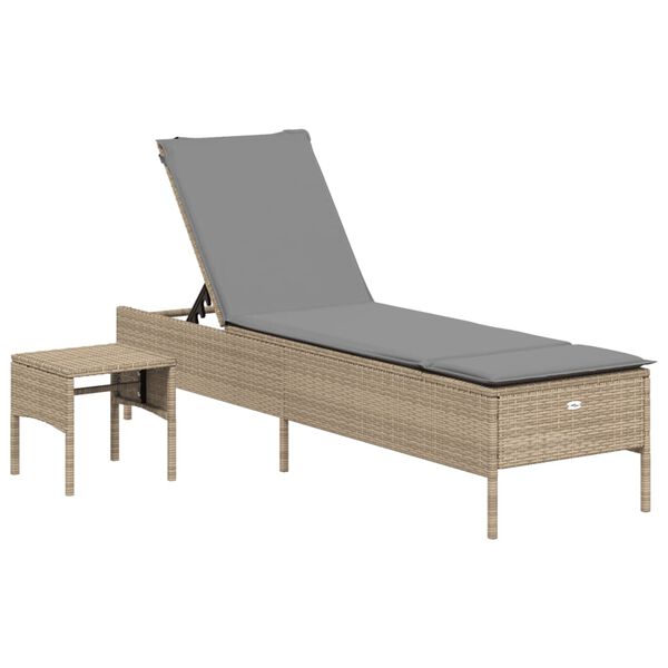 vidaXL Sonnenliege mit Tisch und Auflage Beige Poly Rattan