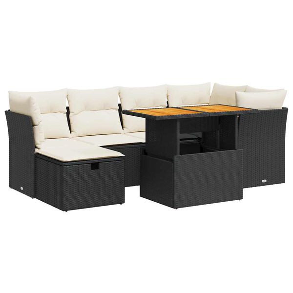 vidaXL 7-tlg. Garten-Sofagarnitur mit Kissen Schwarz Poly Rattan