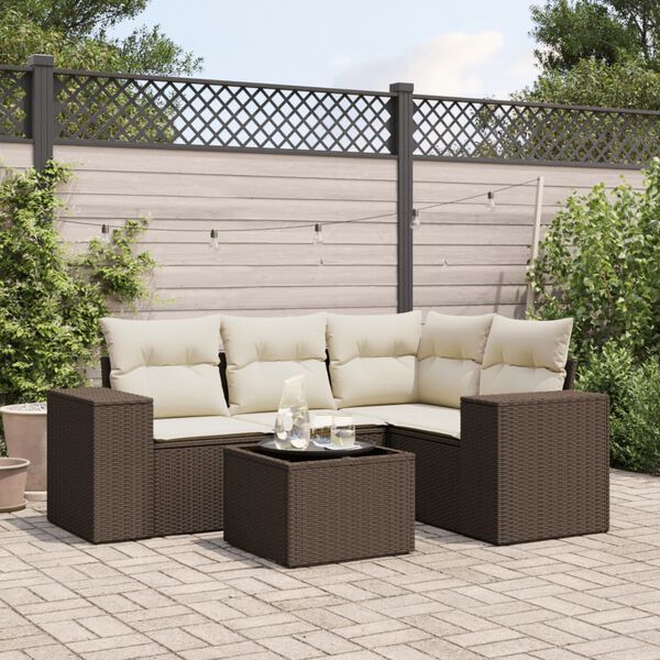 vidaXL 5-tlg. Garten-Sofagarnitur mit Kissen Braun Poly Rattan