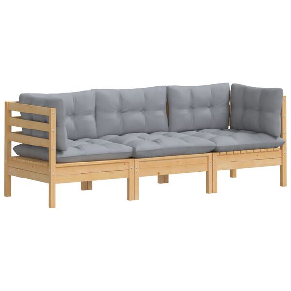 vidaXL 3-Sitzer-Gartensofa mit Grauen Kissen Massivholz Kiefer