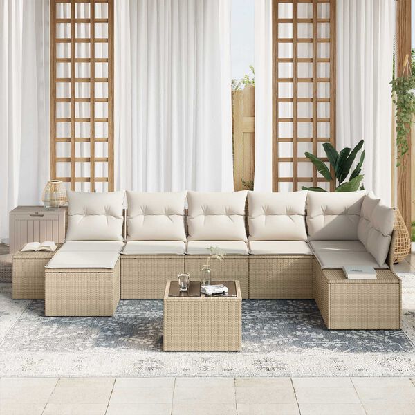 vidaXL Garten-Sofa-Set mit Kissen mit Speicher 7 pcs Beige Poly-Rattan