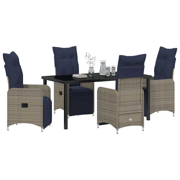 vidaXL Tisch- und Stuhlset mit Kissen 5 pcs Grau PE-Rattan