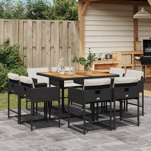 vidaXL 9-tlg. Garten-Essgruppe mit Kissen Schwarz Poly Rattan
