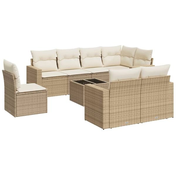 vidaXL 9-tlg. Garten-Sofagarnitur mit Kissen Beige Poly Rattan
