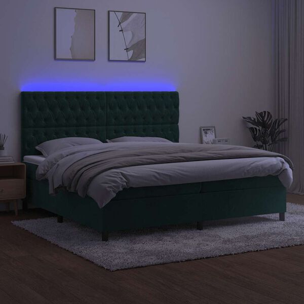 vidaXL Boxspringbett mit Matratze & LED Dunkelgr&uuml;n 200x200 cm Samt