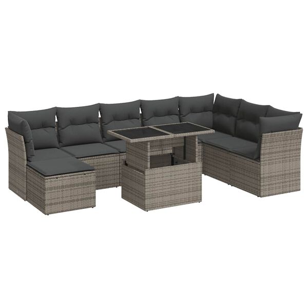 vidaXL 9-tlg. Garten-Sofagarnitur mit Kissen Grau Poly Rattan