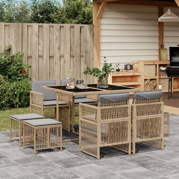 vidaXL 9-tlg. Garten-Essgruppe mit Kissen Beigemischung Poly Rattan
