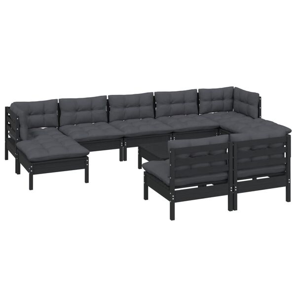 vidaXL 10-tlg. Garten-Lounge-Set mit Kissen Schwarz Kiefernholz