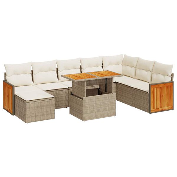 vidaXL 9-tlg. Garten-Sofagarnitur mit Kissen Beige Poly Rattan Akazie