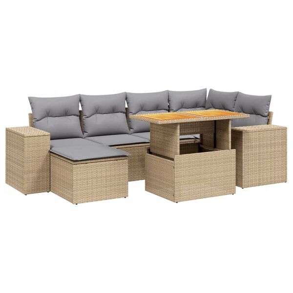vidaXL 7-tlg. Garten-Sofagarnitur mit Kissen Beige Poly Rattan