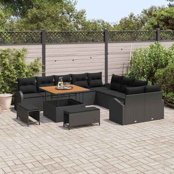 vidaXL Garten-Sofa-Set mit Kissen 13 pcs Schwarz Poly Rattan