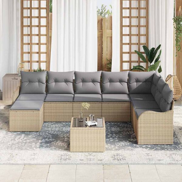 vidaXL Garten-Sofa-Set mit Kissen 9 pcs Beige und Hellgrau Poly Rattan