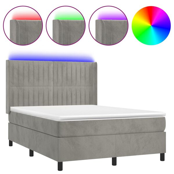 vidaXL Boxspringbett mit Matratze & LED Hellgrau 140x200 cm Samt