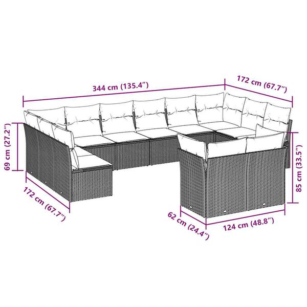 vidaXL 12-tlg. Garten-Sofagarnitur mit Kissen Braun Poly Rattan