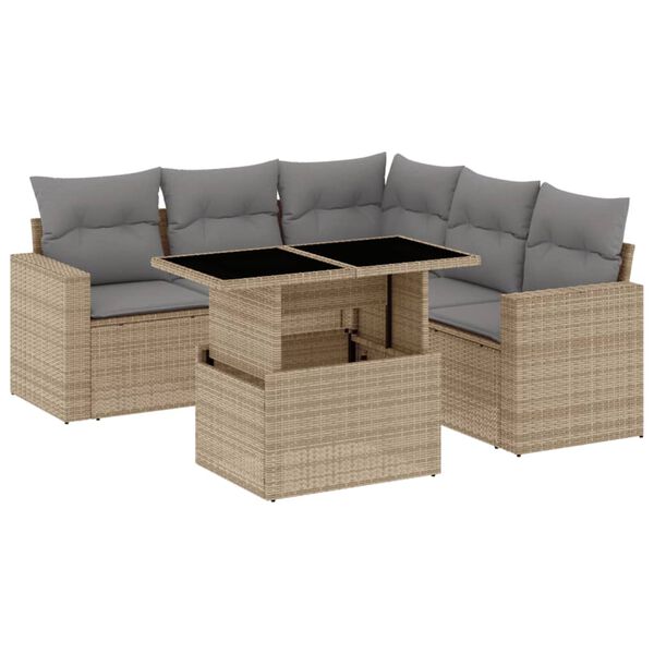vidaXL 6-tlg. Garten-Sofagarnitur mit Kissen Beige Poly Rattan