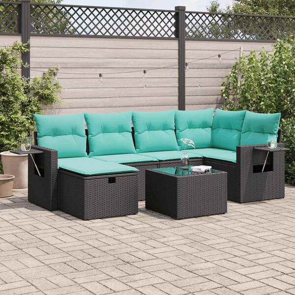 vidaXL 7-tlg. Garten-Sofagarnitur mit Kissen Schwarz Poly Rattan