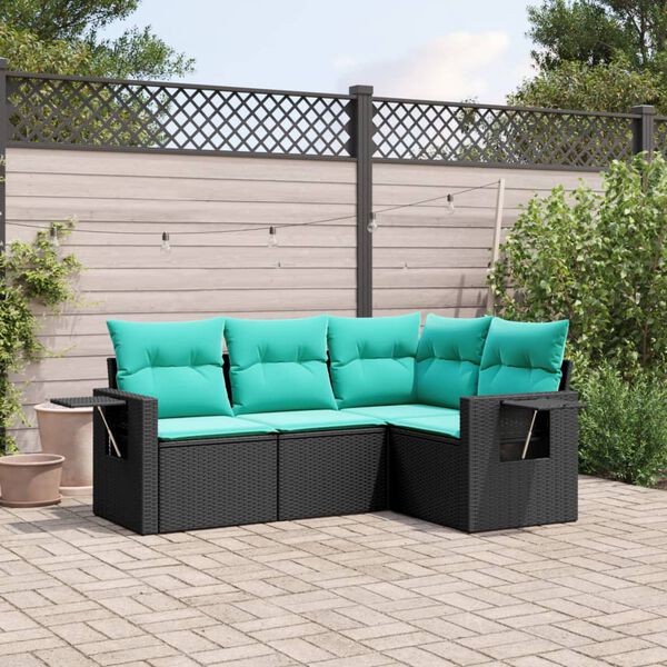 vidaXL 4-teiliges Gartensofa-Set mit Kissen, schwarzes Polyrattan