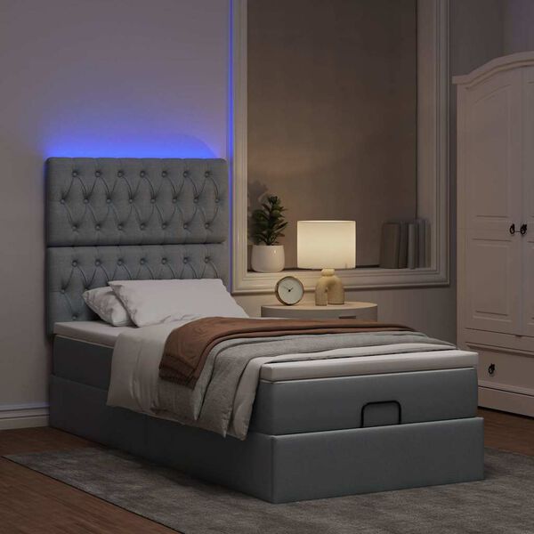 vidaXL Ottoman-Bett mit Matratze & LEDs Hellgrau 90x190 cm Stoff
