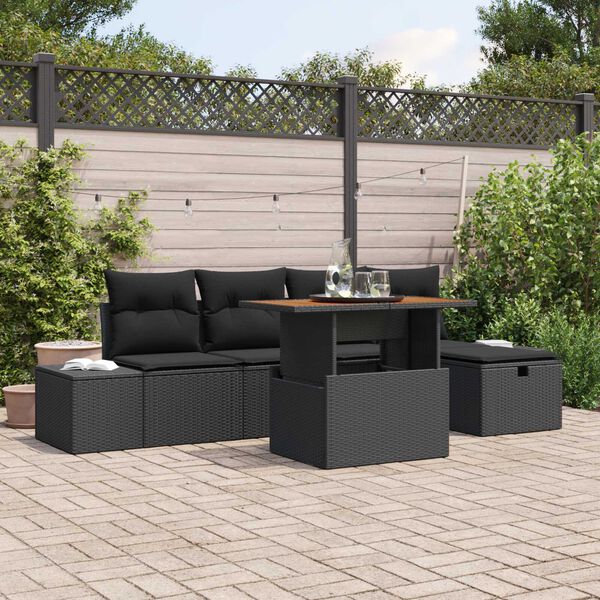 vidaXL Garten-Sofa-Set mit Kissen 6 pcs Schwarz Poly Rattan