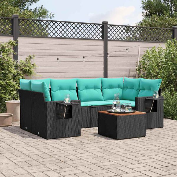 vidaXL 7-teiliges Gartensofa-Set mit Kissen, schwarzes Polyrattan