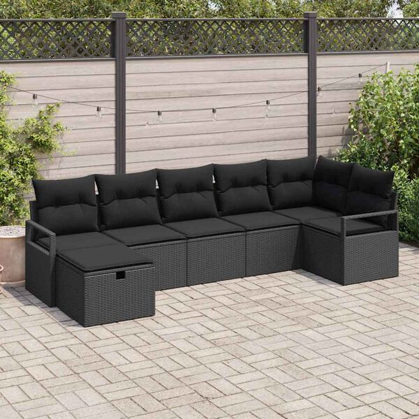 vidaXL Sofa Set mit Kissen mit Speicher 7 pcs Schwarz Poly-Rattan