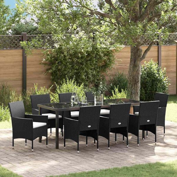 vidaXL Garten Essgruppe mit Kissen 9 pcs Schwarz Poly-Rattan