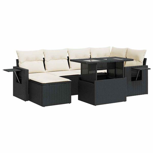 vidaXL 7-tlg. Garten-Sofagarnitur mit Kissen Schwarz Poly Rattan