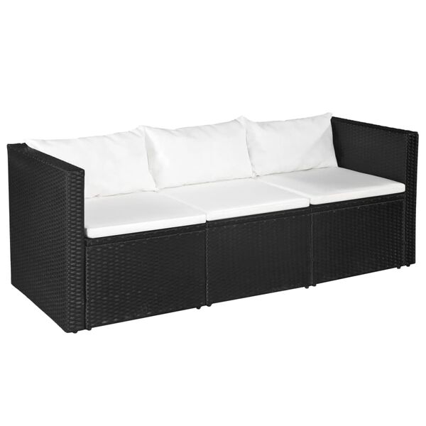 vidaXL 3-Sitzer-Gartensofa Schwarz Poly Rattan mit wei&szlig;en Kissen
