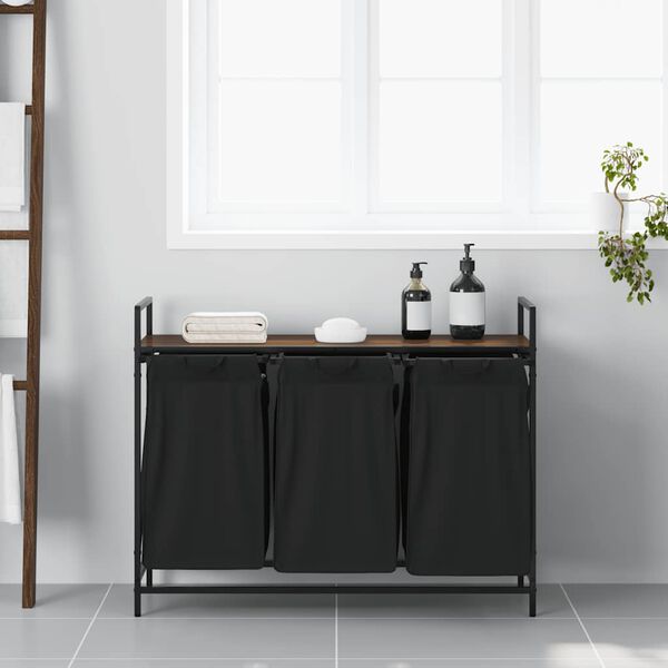 vidaXL W&auml;schekorb 3 F&auml;cher mit Ablage Braun Eichen-Optik