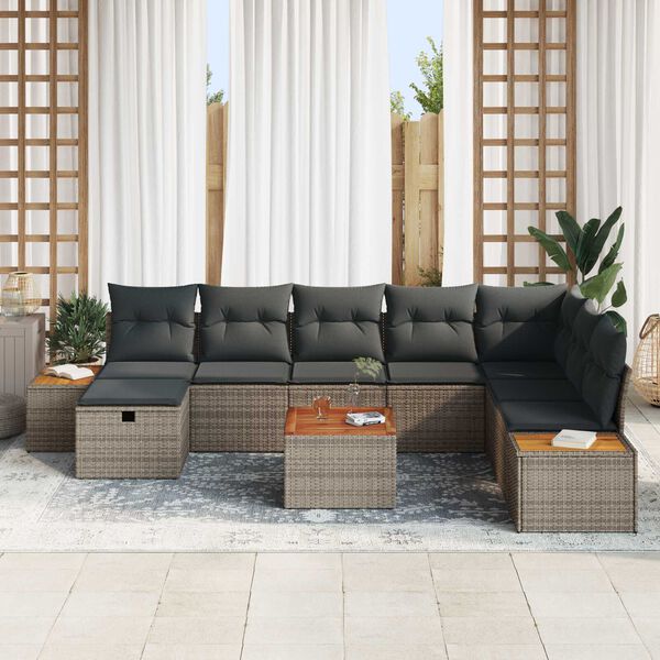 vidaXL Garten-Sofa-Set mit Kissen 9 pcs Grau Poly Rattan