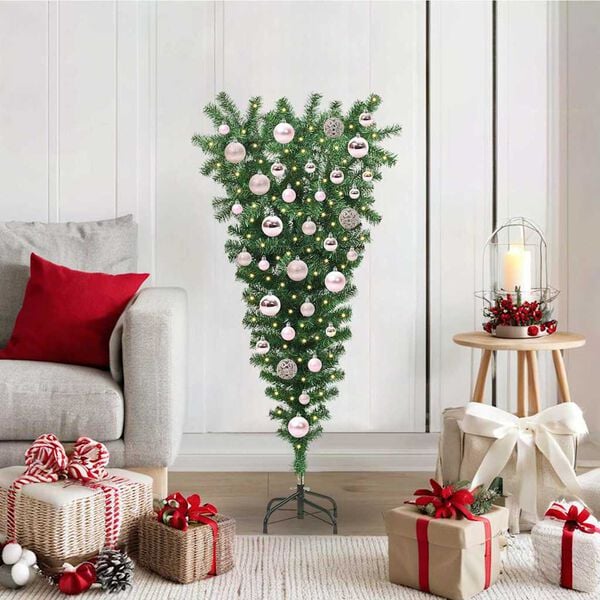 vidaXL Umgedrehter Kunst Weihnachtsbaum mit Kugelset Gr&uuml;n 120 cm PVC