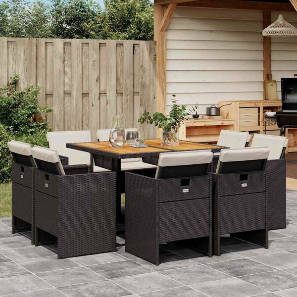 vidaXL 9-tlg. Garten-Essgruppe mit Kissen Schwarz Poly Rattan